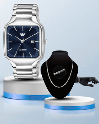 ABREXO Abx8879-Blue Dial Black Square Watch C2 Chain C2 Bracelet ABREXO-BL Dial Date Working Stainless Steel Analog Quartz Wrist Watch For Men Analog Watch  - For Men