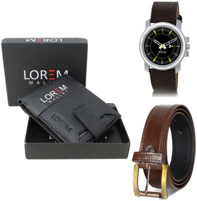 LOREM Men Combo Of Brown Watch-Black Arificial Leather Wallet & Brown Brown Analog Watch  - For Men