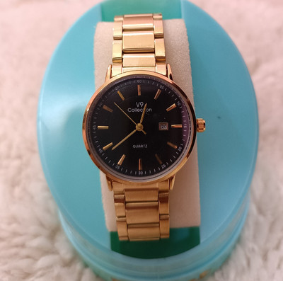 Amigos V9 Unisex Analog Watch – Gold Stainless Steel Strap, Black Dial with Date Display Analog Watch  - For Men & Women