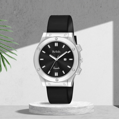 RELish RS1 Pro Antique Black Dial Silver Case Silicone Strap Date Functioning Quartz Analog Watch  - For Men