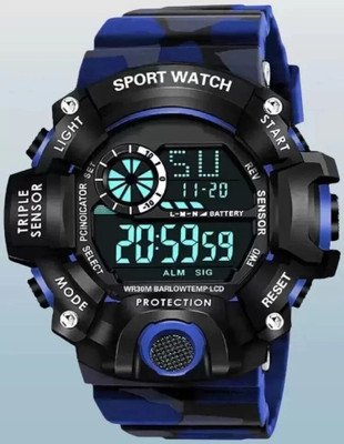 HF Haifun Sport Blue Camouflage Army Belt Multi Functional Working Alarm Water Resistant Digital Watch  - For Boys