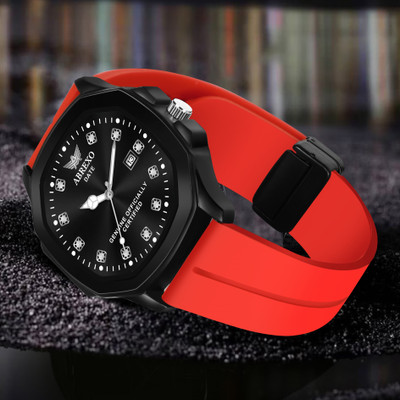 ABREXO Abx4905 Black Dial Red Magnetic Silicon Strap Captain Series Date Working Square Black Dial Red Magnetic Quartz Mechanism Analog Watch  - For Men