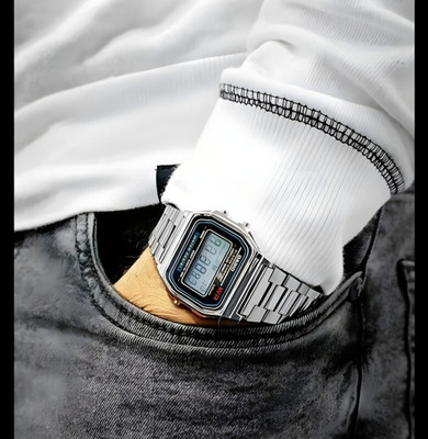 Timofy Digital Silver Waterproof Watch Metal Strap Alarm Stopwatch Unisex Trendy Waterproof Digital Series Digital Watch  - For Men