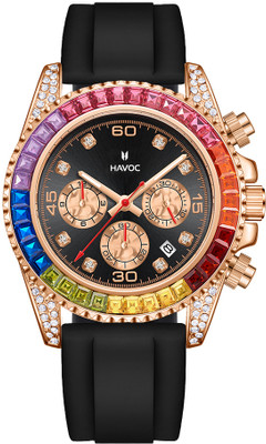 HAVOC CRAFT Men's Quartz Watch Silicone Band High Quality Colorful Diamond Waterproof Rainbow Diamond watch| Fashion Quartz Leather Waterproof Watch with Date Analog Watch  - For Men & Women