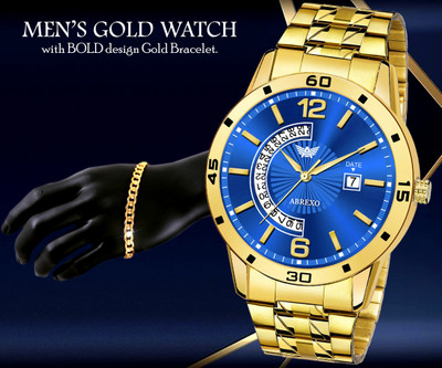 ABREXO Abx1228-BL GD Blue Gold Date Working Watch Plus Bold Designer Golden Bracelet Special Combo Pack For Boys Analog Watch  - For Men