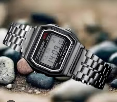 Timofy Black Digital Watch Stainless Strap Waterproof Alarm Stopwatch Trendy Chain Strap Series Digital Watch  - For Men & Women