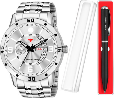 DANIEL CLARION DC-1103 -SL+NEW BLK PEN Day and date Analog watch for men with Black Ball Pen Analog Watch  - For Boys