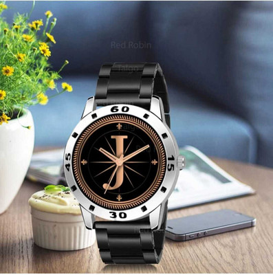 PS ENTERPRISES ALPHA-J-AVO-SIL-CDBLK Fancy Design Stylish ALPHABET J Dial Black Leather Strap Men Wrist Watch Analog Watch  - For Men