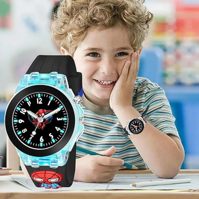 Prozoshop Spider Man 7 Color Glowing Disco Light Watch for Boys Girls with 3D Cute Cartoon on Analog Watch  - For Boys & Girls