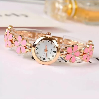 house of common Bracelet Flower Black-Silver Strap Diamond Studded White Dial Girl&Women Analog Watch  - For Women