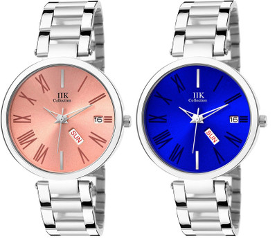 IIK Collection Fashionable Combo of Pink & Blue Day & Date Studded Dial with Silver Metallic Bracelet Strap Analog Watch  - For Women