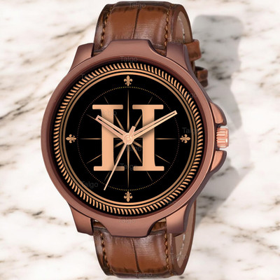 Natrix ALPHA-H-3K-DBRW-CRL Fancy Design Stylish ALPHABET H Dial Brown Leather Strap Men Wrist Watch Analog Watch  - For Boys