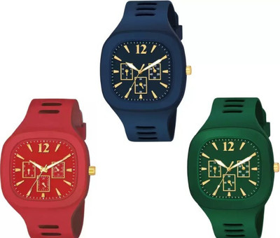 FADISO Miller COMBO Multi Square Chrono Stylish Watch Red&Blue&Green Dial Rubber Strap Analog Watch  - For Men