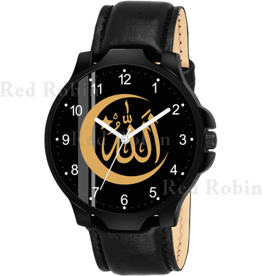 SKOAL IW006-NUM-3K-BLK-L ISLAMIC Allah Chand Design Round Dial Black Leather Strap Muslim Analog Watch  - For Men