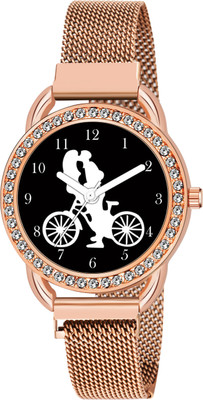 RECARO New Cycle Black Dial Rose Gold Maganet Strap Watch For Girl Analog Watch  - For Girls