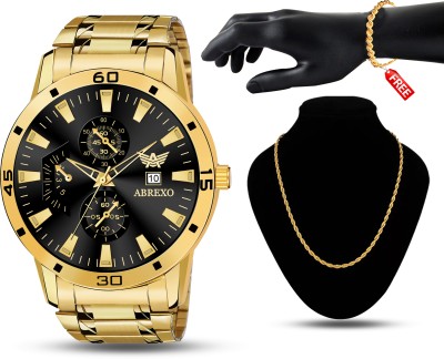 ABREXO Abx8404-BK GD Black Gold Date Working Watch With New Design RASA Chain & Bracelet Gold Special Combo Pack Analog Watch  - For Men