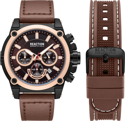 Kenneth Cole Reaction New Collection Chrono 3 Eyes Date Brown Round Dial with Synthetic Leather & Silicon Band Analog Watch  - For Men
