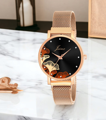 JAINX Flower Black Dial Rose Gold Mesh Chain Analog Watch  - For Women