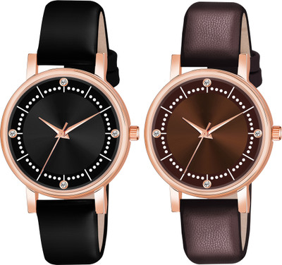 frozil Analog 4 Point Diamond Studded Round Attractive Dot Pattern Black Brown Analog Watch  - For Women