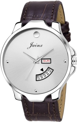 JAINX Day & Date Silver Dial Brown Leather Strap Analog Watch  - For Men