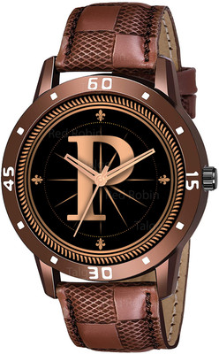 Krolexe ALPHA-P-AVO-BRW-CHL Fancy Design Stylish ALPHABET P Dial Brown Leather Strap Men Wrist Watch Analog Watch  - For Boys