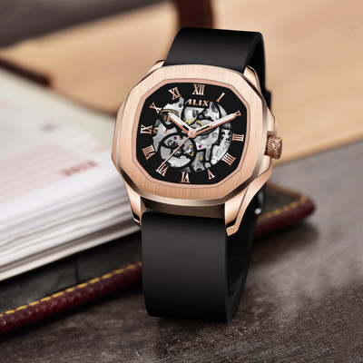 Alix Luxury Premium Automatic Skeleton Stainless Steel Case with silicone strap Analog Watch  - For Men