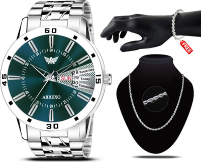 ABREXO Abx01157- Green Day & Date Watch + Silver Men Accessory Green Day & Date Working Watch With Designer Bracelet & Chain Combo for Boys Analog Watch  - For Men