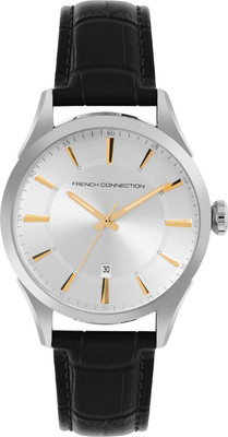 French Connection FCP31L Men's Analog Black Watch | Dated Silver Sunray Dial Analog Watch  - For Men