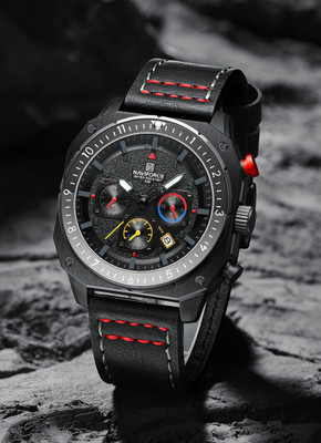 NAVIFORC NF8057 Black chronograph dial with Black leather strap travel quartz Analog Watch  - For Men