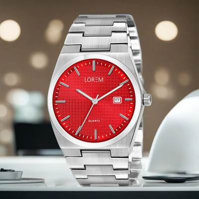 LOREM OB-LR161 Round Red Dial Stainless Steel Silver Strap Analog Watch  - For Men