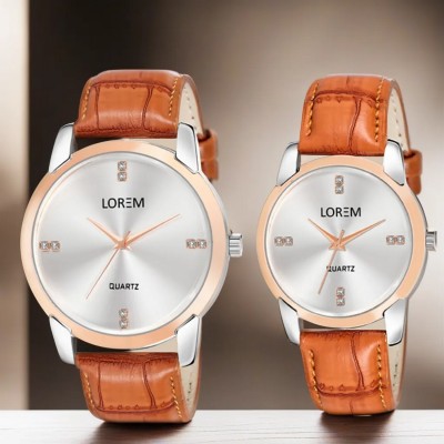 LOREM Men & Women Watches Combo Of Stylish Synthetic Leather White Dial Round Analog Watch  - For Couple