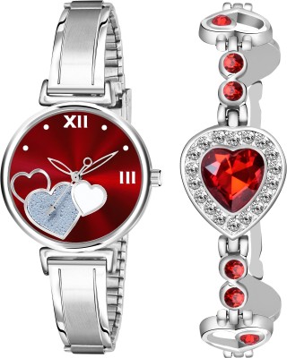 MAAN INTERNATIONAL Ab65-Heart-Stone And Red Stone Bracelet combo AB65 Girls Analog Watch  - For Women