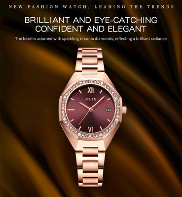 Alix AL2531 Rosegold Octagonal case with dIamond studded dial & stainless steel strap Analog Watch  - For Women