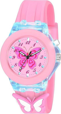 MAAN INTERNATIONAL Pink Butterfly Multicolor Lights 3D Cute Cartoon Multi Function Rubber Strap Analog Watch  - For Boys & Girls