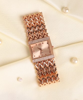 Haute Sauce Embellished Rose Gold Square Dial With Rose Gold Metal Strap Analog Watch  - For Women