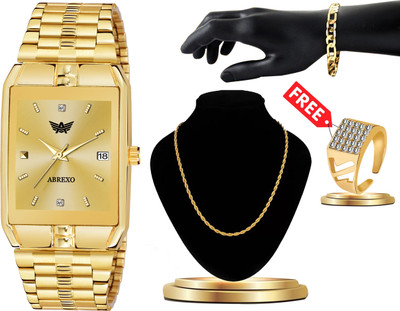 ABREXO Abx9195 Men's Golden watch with Bold bracelet RASA CHAIN & Diamond Ring Stylish Combo Analog Watch  - For Men