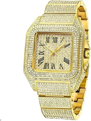 Agg traders AT04 new trending mens ice out diamond studded square dial stainless steel chain Analog Watch  - For Men