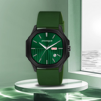 PROVOGUE Stylish Green Dial Day Date Display with Silicone Strap Analog Watch  - For Men