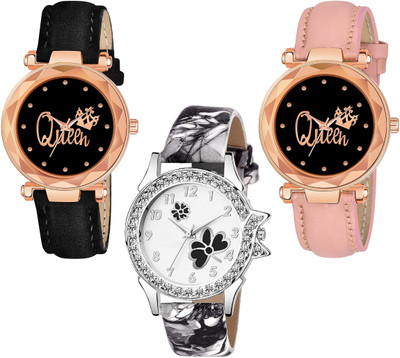 Praizy New Stylish Combo Of 3 Queen Printed Dial Black & Pink and Black Flower Analog Watch  - For Girls