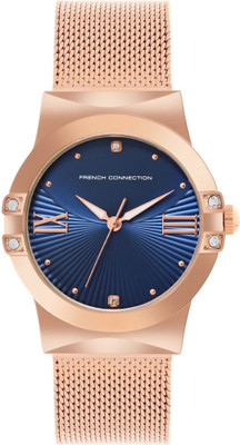French Connection Chic Rhinestone Blue Sunray Dial | Women's Rose Gold Analog Watch Analog Watch  - For Women