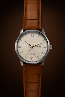 HMT DLX Stylish HOMT Round dial Beige color brown leather trending smart quartz Analog Watch  - For Men