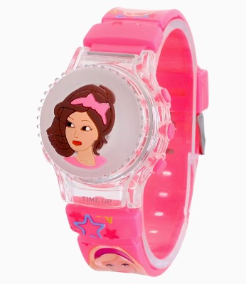 Time Up Cartoon Design Disco Glowing Light Rotating Cartoon Cap Cover Cute Kids Digital Watch  - For Girls