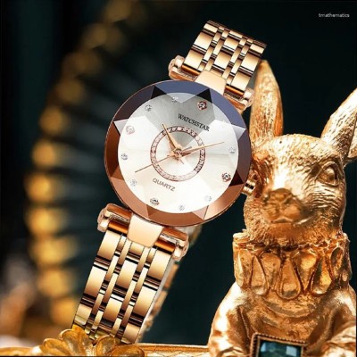 watchstar Silver Dial Rose Gold Strap Analog Watch for Women Diamond Cut Glass Watch Analog Watch  - For Women