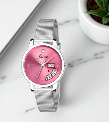JAINX JW597 Pink Day & Date Function Dial Steel Mesh Chain Analog Watch  - For Women