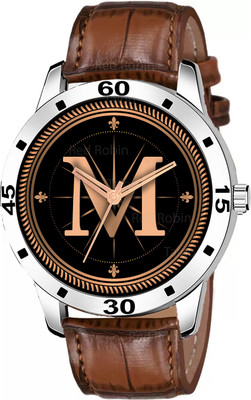 Gadgets World ALPHA-M-AVO-SIL-DBRW-CRL Fancy Design Stylish ALPHABET M Dial Brown Leather Strap Men Wrist Watch Analog Watch  - For Boys