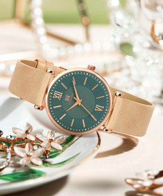 IIK Collection IIK-3220W Round Studded Dial with Genuine Leather Strap Analog Watch  - For Women