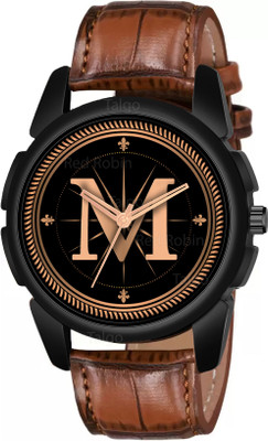 Red Robin ALPHA-M-J16-BLK-DBRW-CRL Fancy Design Stylish ALPHABET M Dial Brown Leather Strap Men Wrist Watch Analog Watch  - For Boys