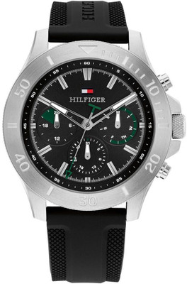 TOMMY HILFIGER Men's Multifuction Stainless Steel & Black Silicone Strap Watch Analog Watch  - For Men