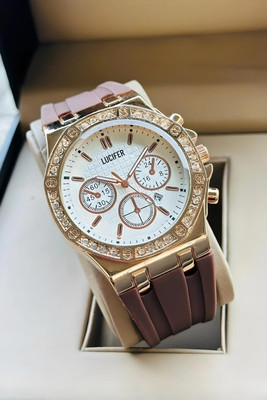 Lucifer DRM029 - BROWN Fashionable Rose gold Dial Diamond Date Display Watch - For Men Day n Date Series Men's premium Smooth Silicon Strap Day and Date Display Analog Watch  - For Men