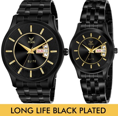 FOGG 5501-BLACK 5501-BLACK Fogg Elite Couple Black Platted Premium Day & Date Functioning combo Analog Watch  - For Men & Women